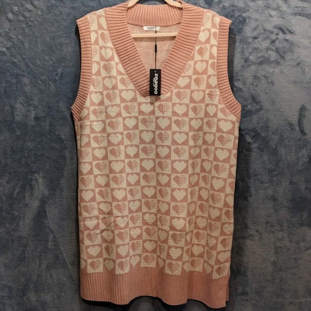 Zeagoo Womens Pink White Heart Checkered Sweater‎ Vest Dress V-Neck Knit 2XL NEW